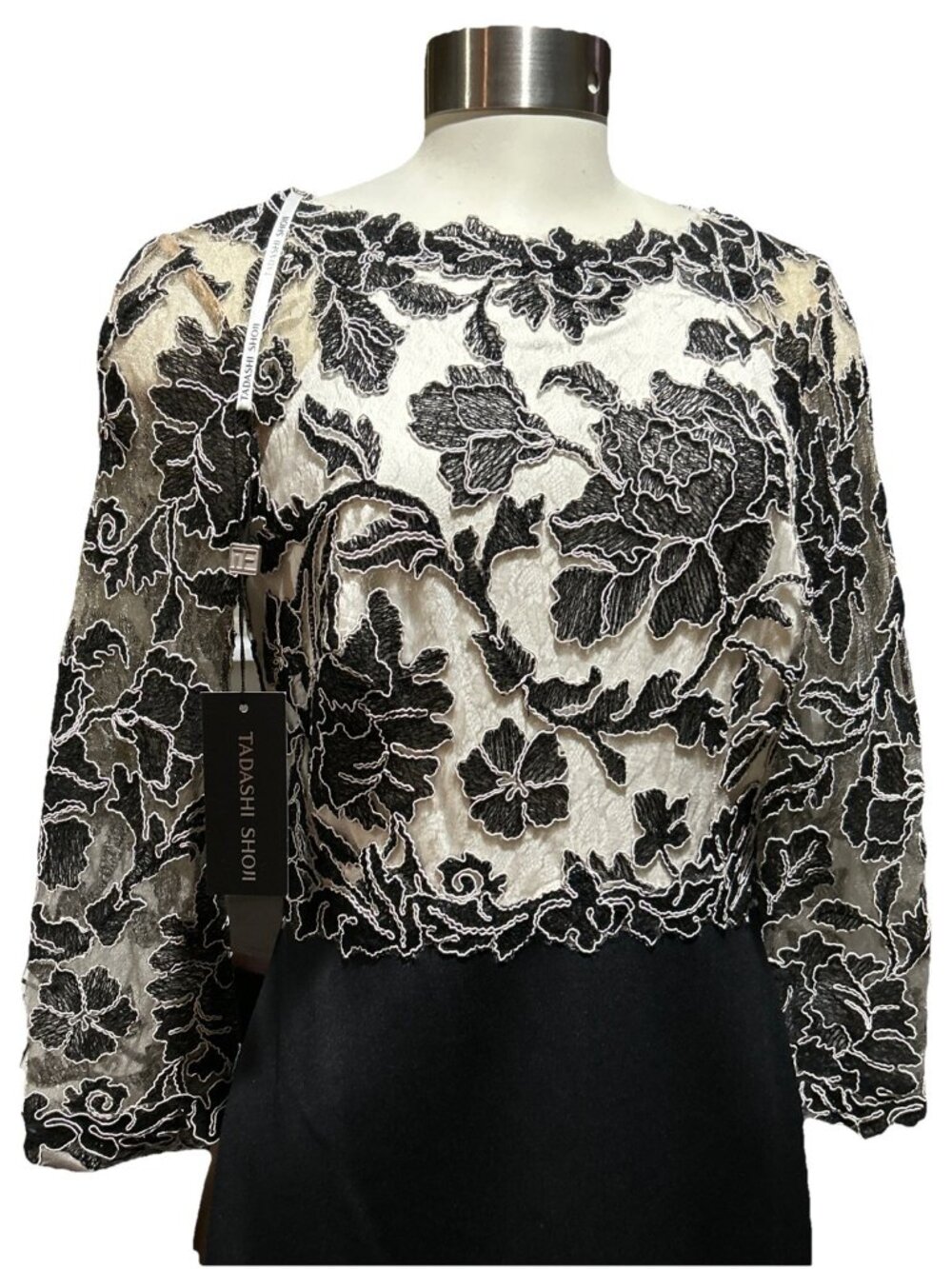 Tadashi Shoji Dress Peony Embroidered Lace Stretch Dress Black Ivory Nude 6 New - Picture 2 of 14